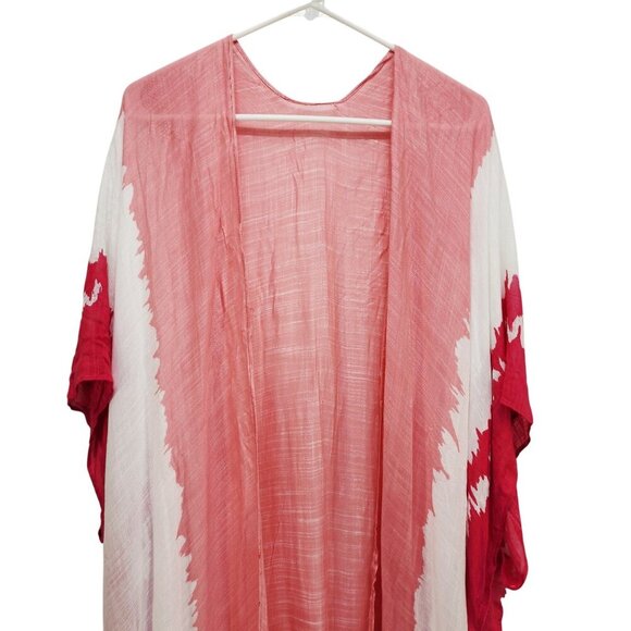 Tie Pink White Kimono Cardigan Open Front Lightweight Cover-Up One SZ Womens - Picture 2 of 6